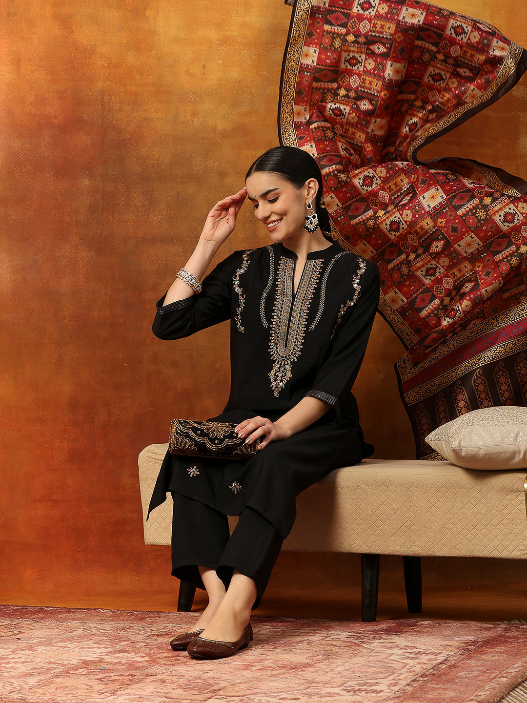 Blended Zari Embroidered Kurta Set with Palazzo &amp; Printed Silk Dupatta