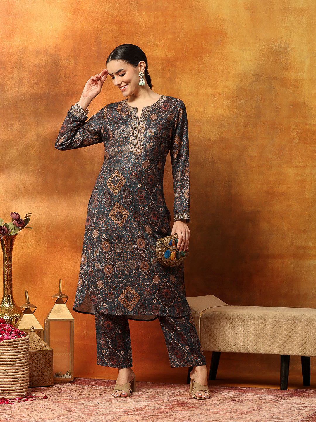Wool Blend Floral Kurta Set with Zari Embroidery &amp; Printed Elasticated Palazzo