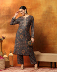 Wool Blend Floral Kurta Set with Zari Embroidery & Printed Elasticated Palazzo