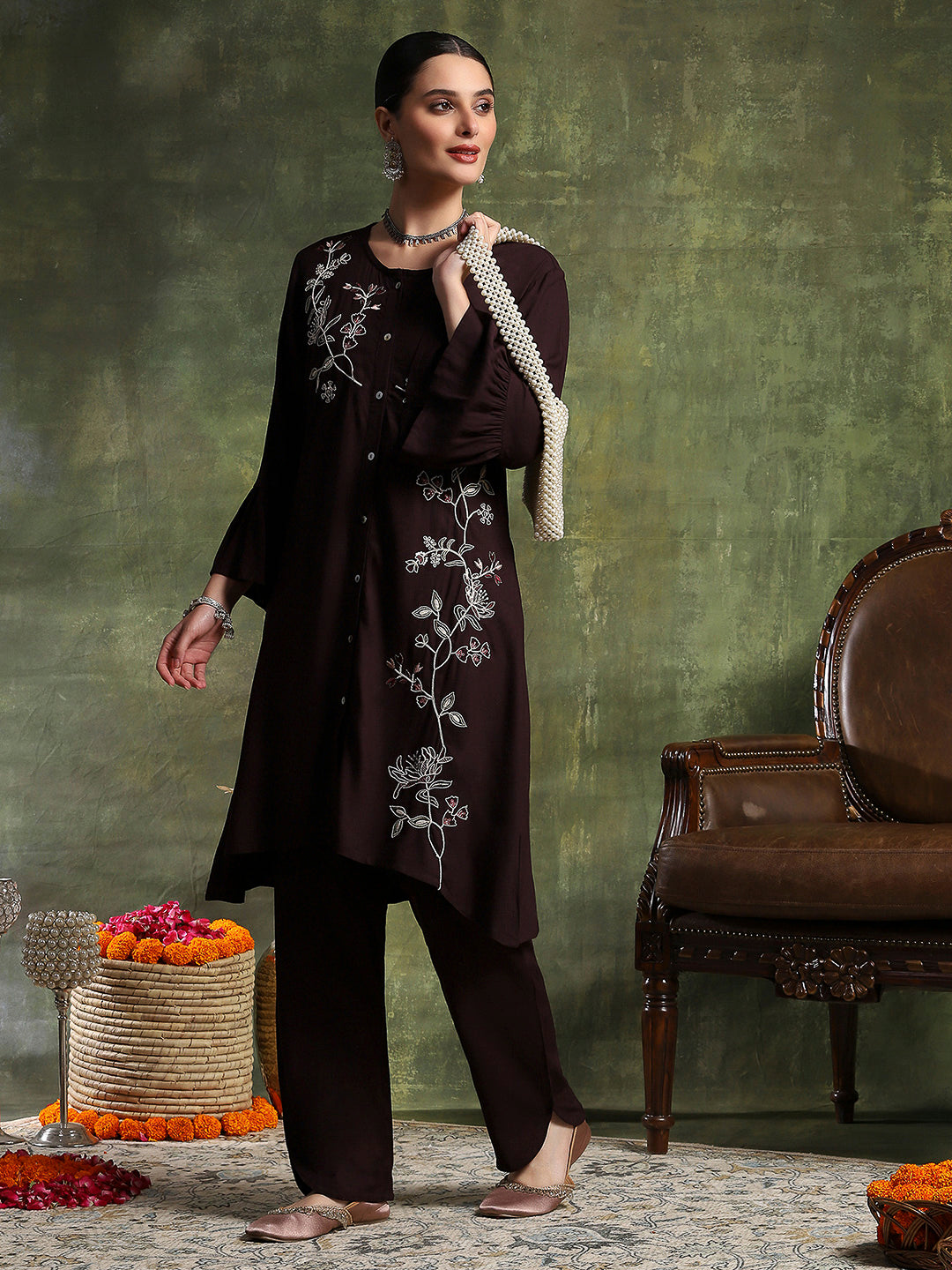 Solid A-Line Viscose Rayon Kurta Set with Thread Embroidery &amp; Bell Sleeves