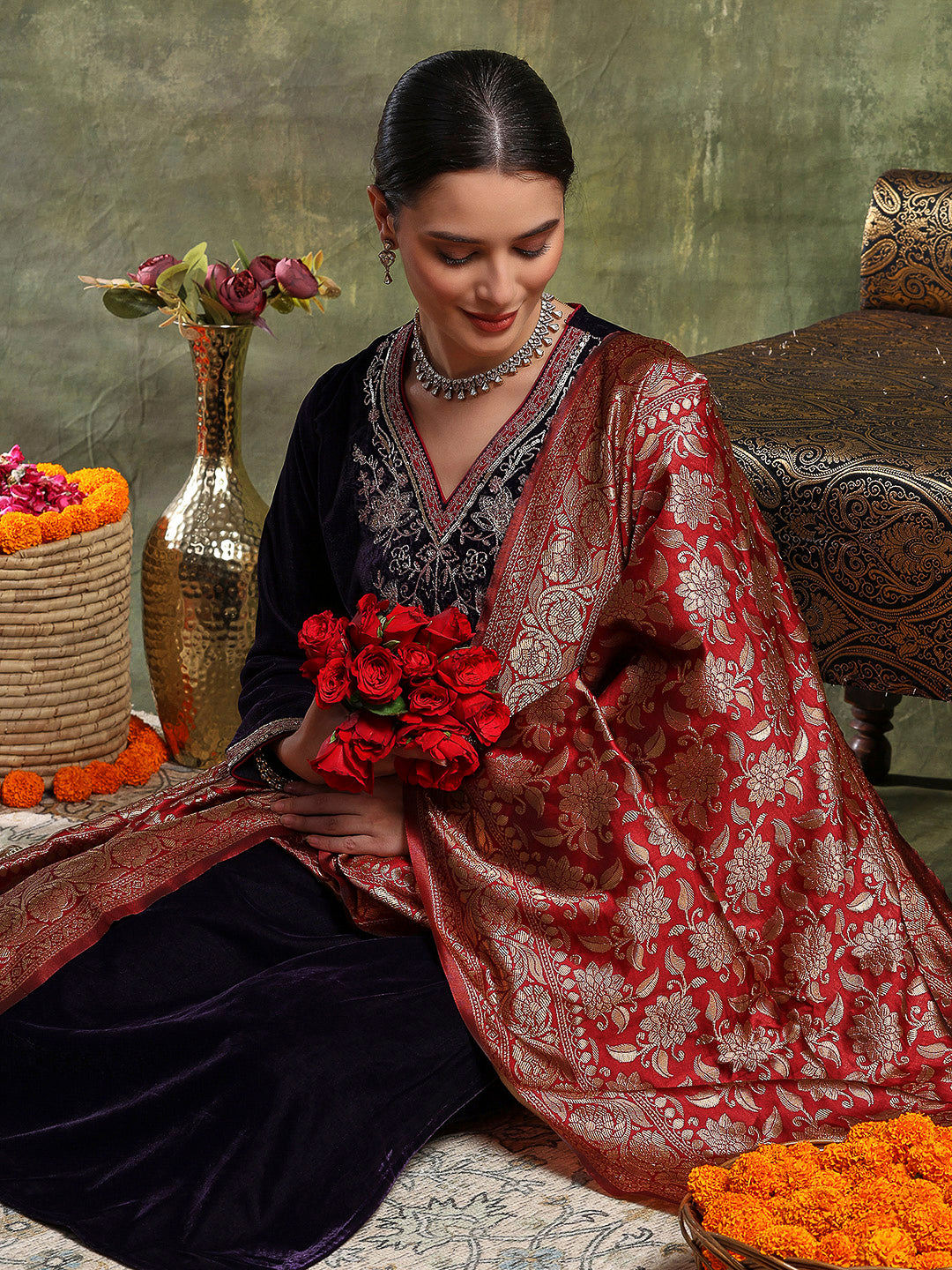 Velvet Kurta Set with Zari Embroidery &amp; Banarasi Art Silk Dupatta