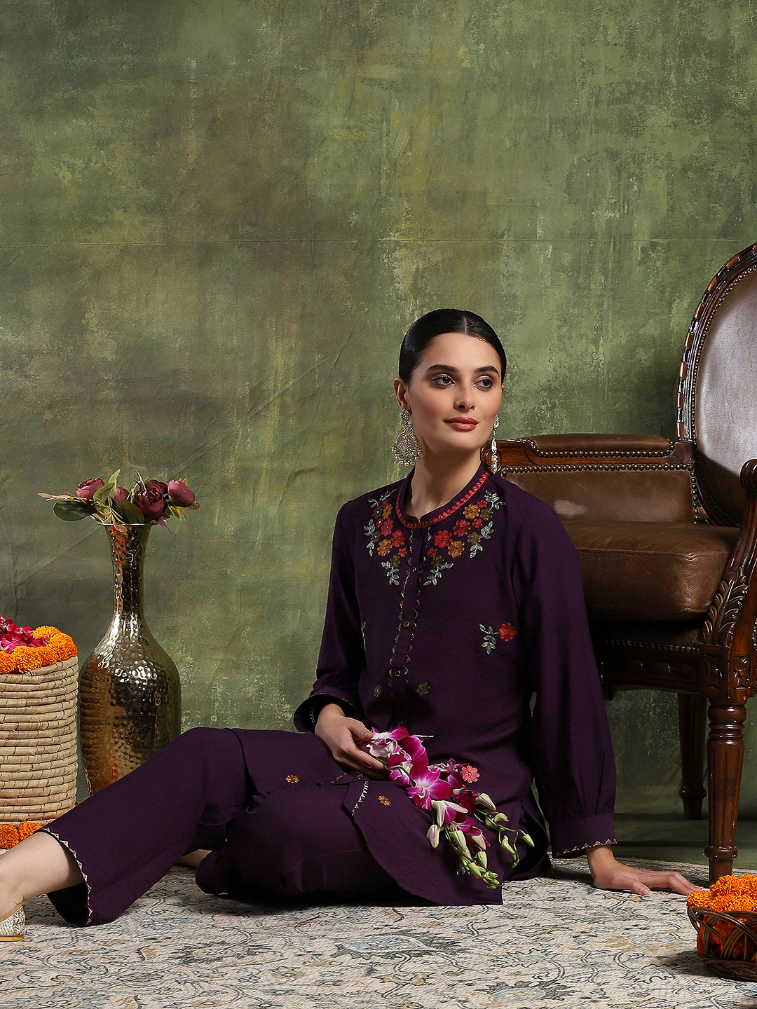 Ari Embroidered Straight Kurta Set with Bishop Sleeves &amp; Palazzo