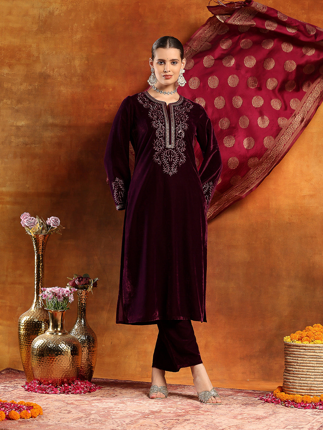 Velvet Zari-Embroidered Kurta Set with Bell Sleeves, Palazzo &amp; Banarasi Dupatta
