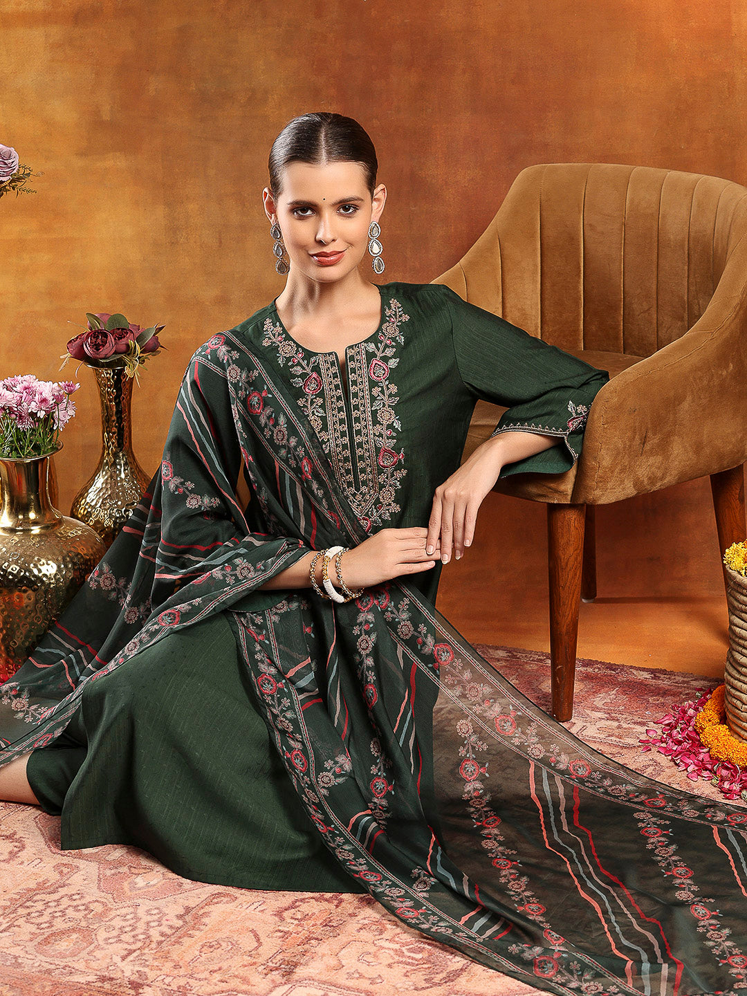 Poly Viscose Embroidered Kurta Set with Silk Palazzo &amp; Printed Chiffon Dupatta