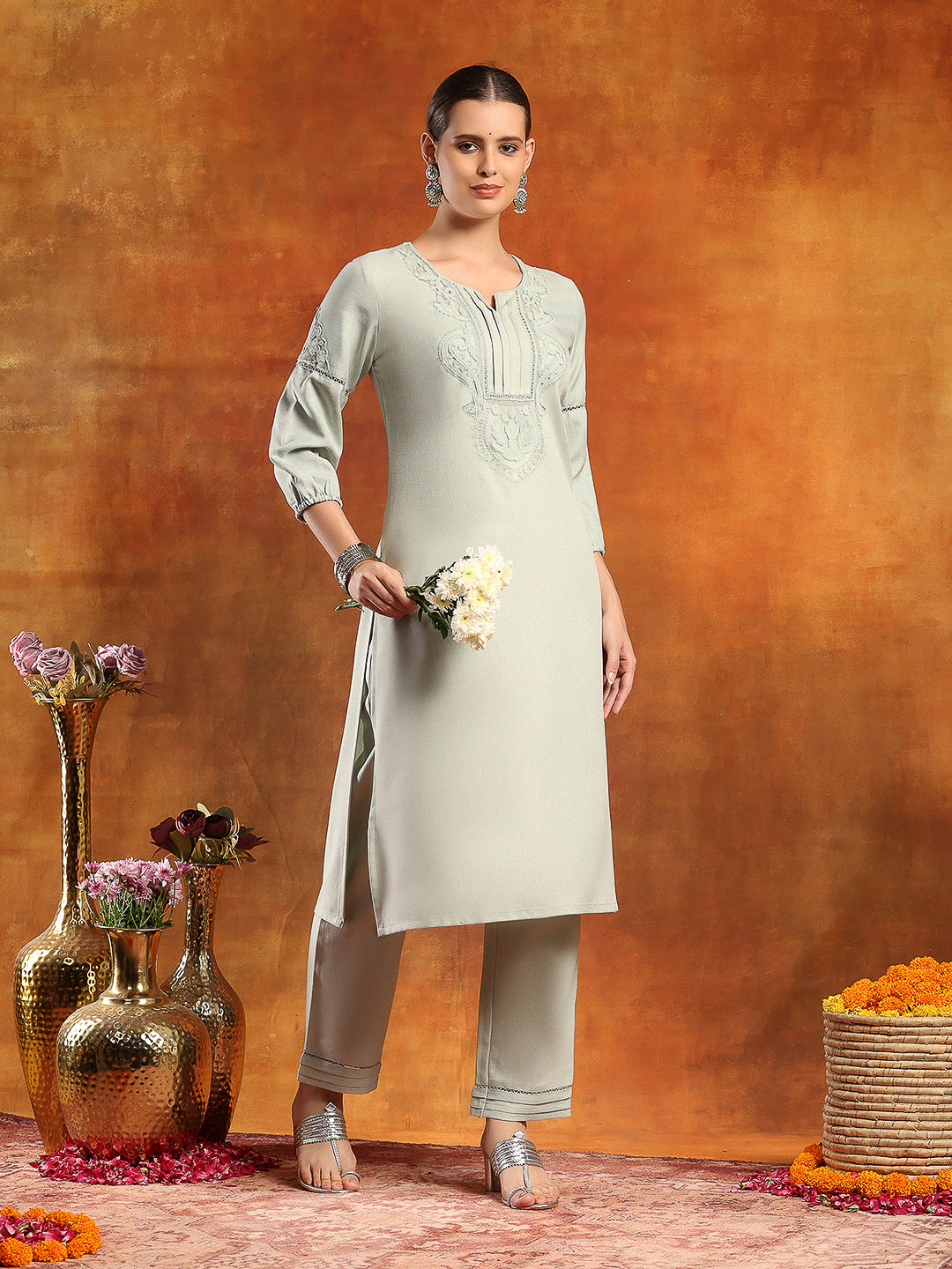 Twill Weave Embroidered Kurta Set with Lace-Trimmed Palazzo