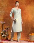 Twill Weave Embroidered Kurta Set with Lace-Trimmed Palazzo