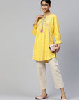 Yellow & Pink Floral Embroidered Pure Cotton Kurti