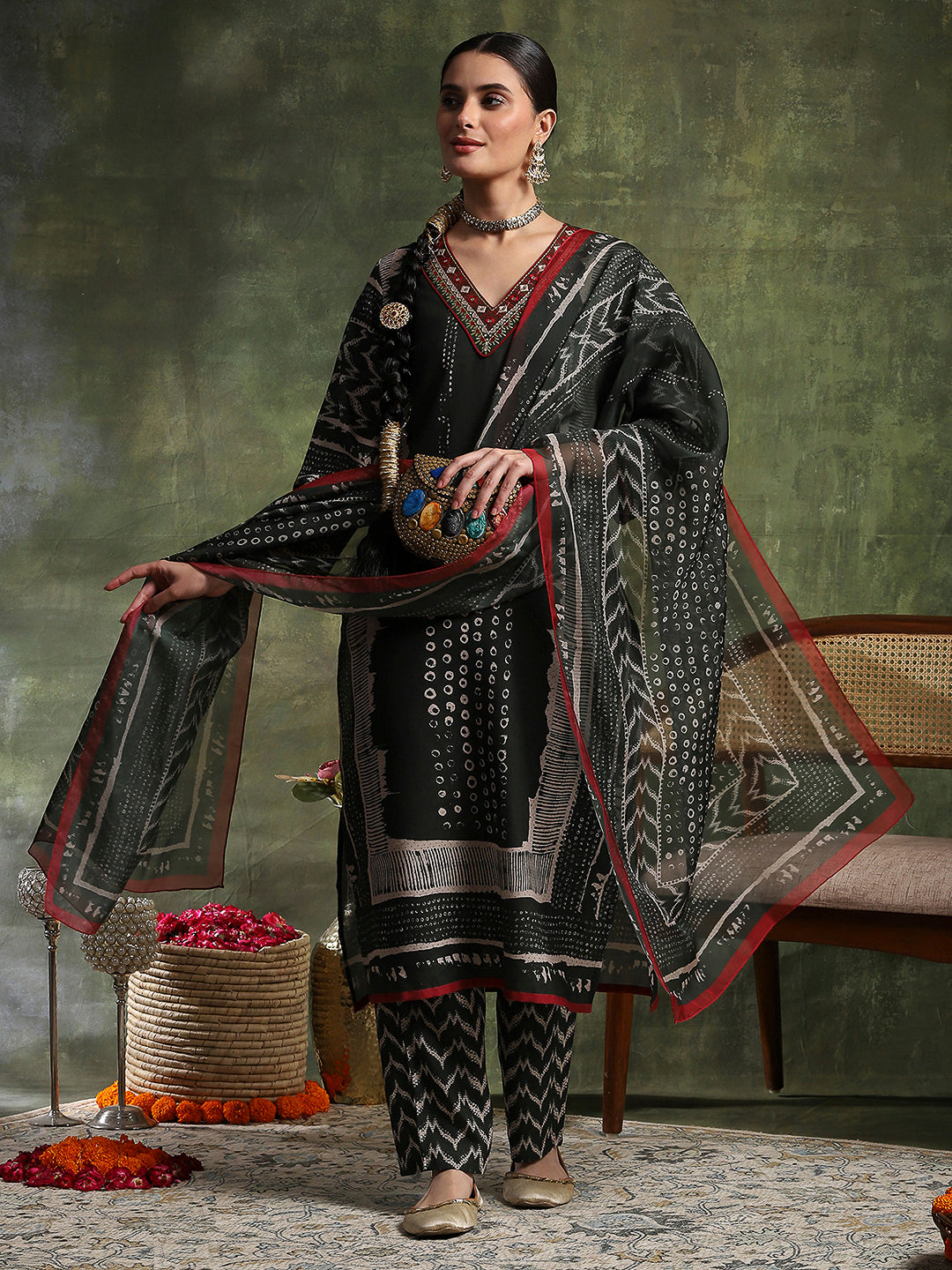 Printed Linen Kurta Set with Mirror Embroidery &amp; Striped Dupatta