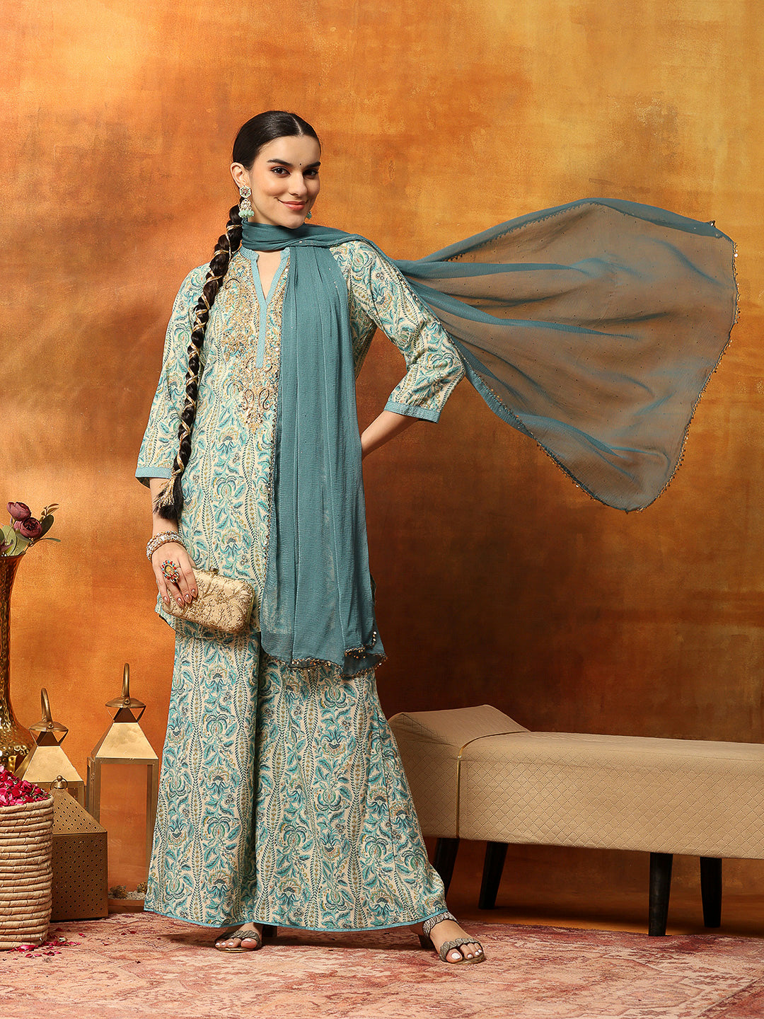 Ethnic Motif Printed Kurta with Zari Embroidery, Garara &amp; Sequin-Laced Dupatta