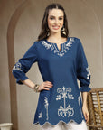 Thread Embroidered Cotton Kurti with Lace-Trim Sleeves