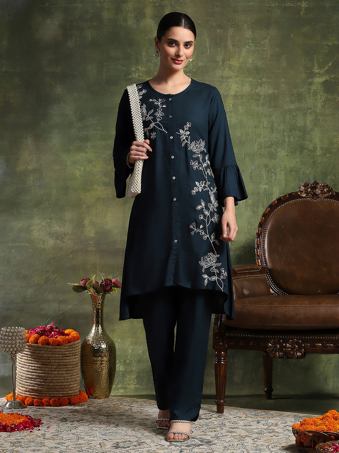 Solid A-Line Viscose Rayon Kurta Set with Thread Embroidery &amp; Bell Sleeves