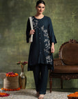 Solid A-Line Viscose Rayon Kurta Set with Thread Embroidery & Bell Sleeves