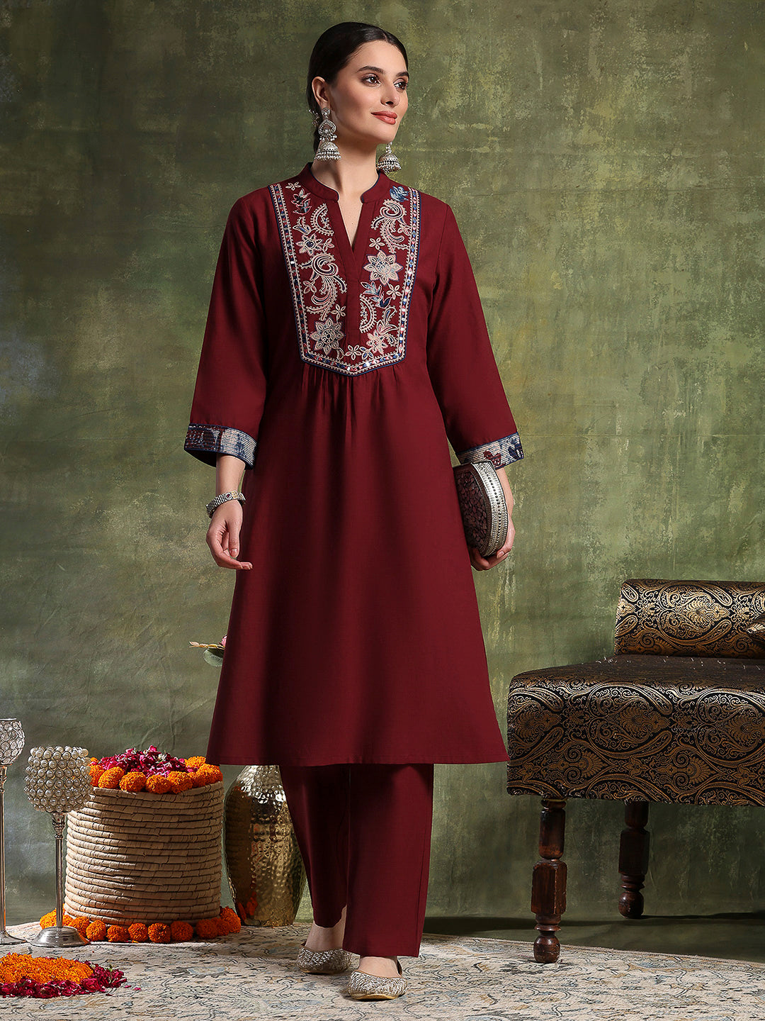 A-Line Cotton Kurta Set with Embroidered Patch Collar &amp; Palazzo