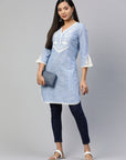 Blue White Floral Embroidered Kurti