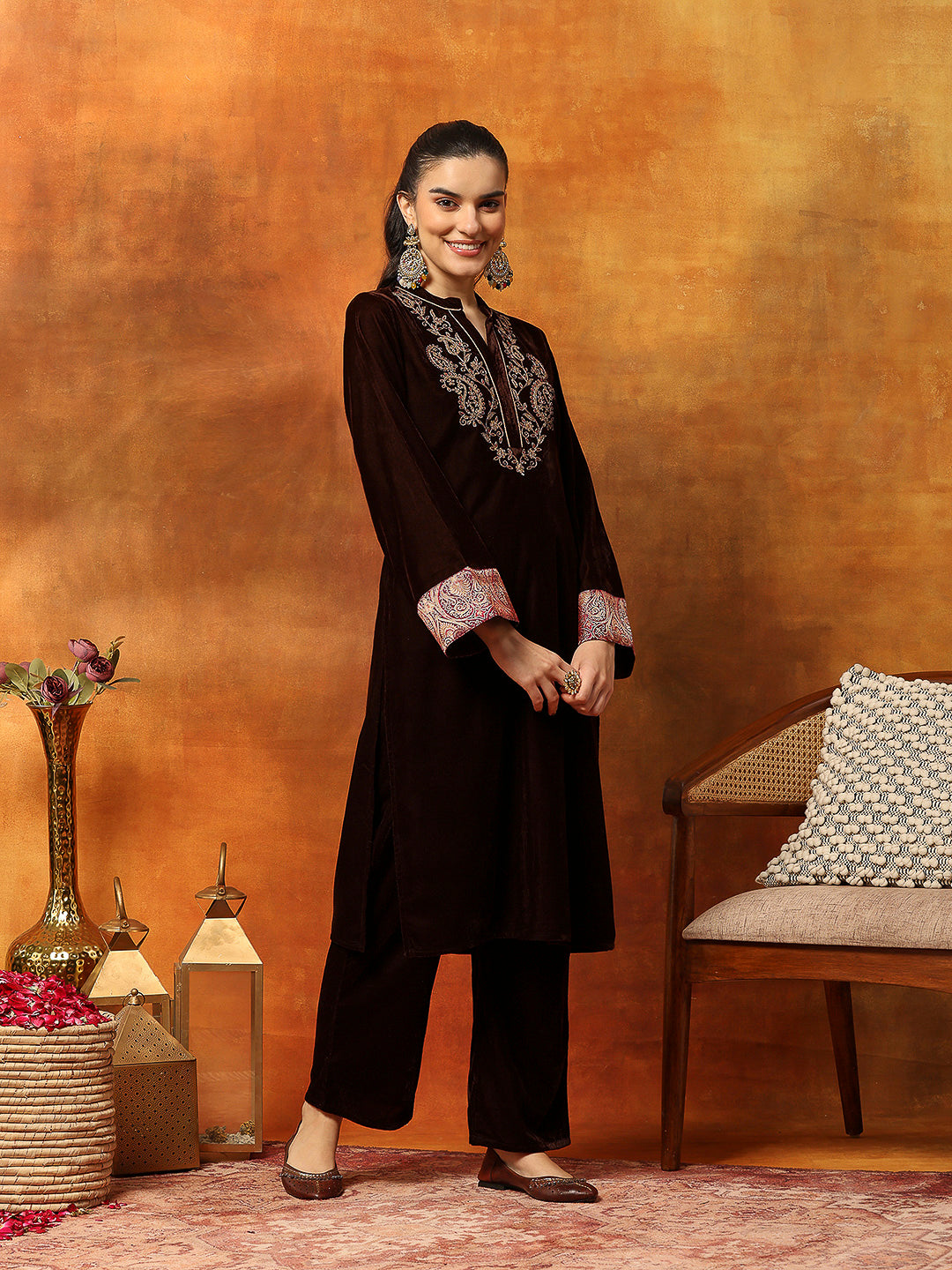 Velvet Zari Embroidered Kurta Set with Elasticated Palazzo
