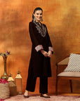 Velvet Zari Embroidered Kurta Set with Elasticated Palazzo