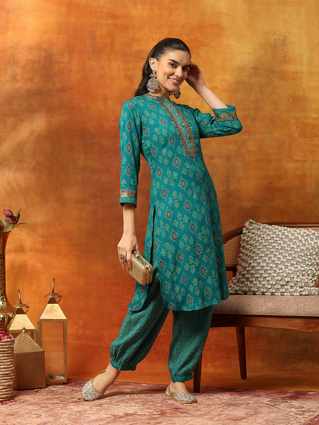 Viscose Rayon Zari Embroidered Kurta with Ethnic Print Palazzo