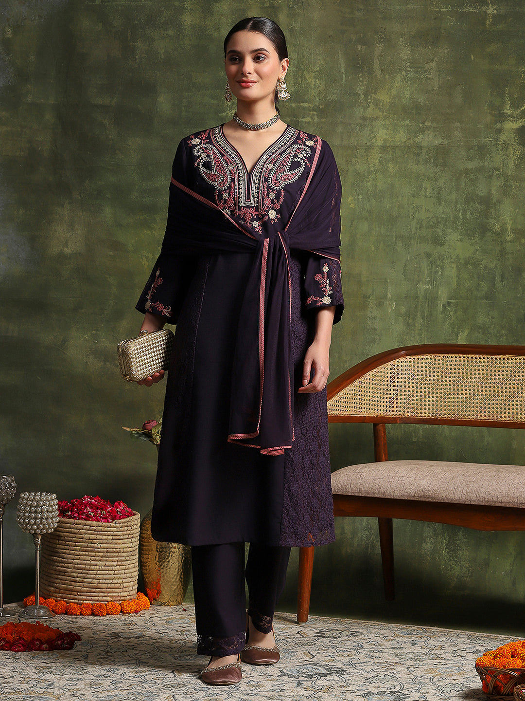 Crepe &amp; Raschel Embroidered Kurta Set with Lace-Edged Mesh Dupatta