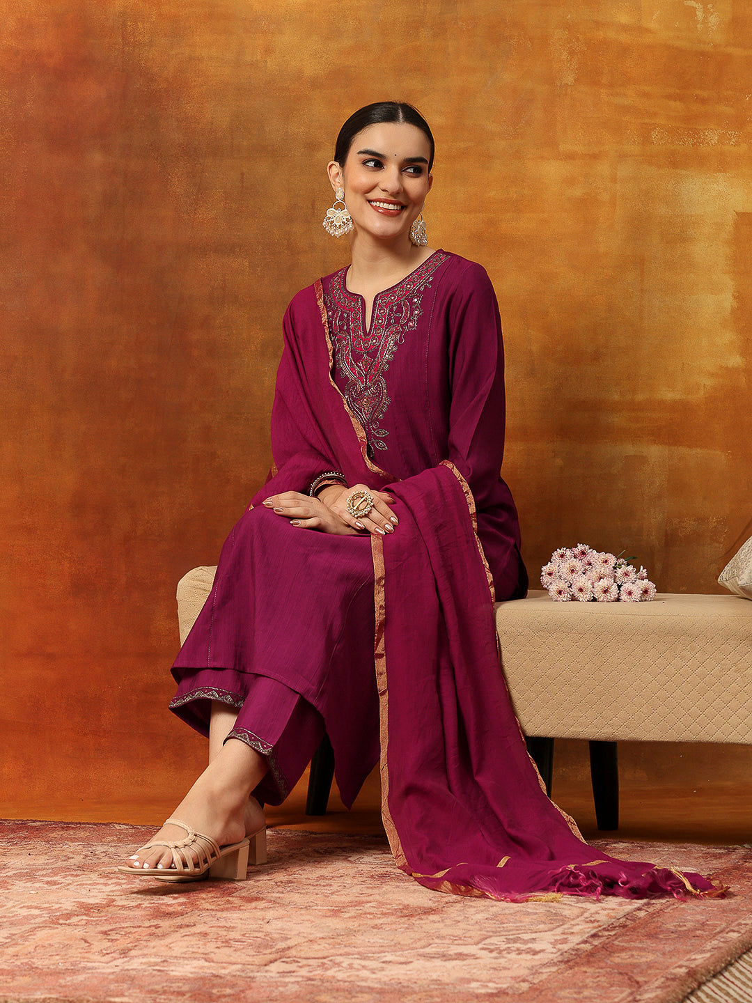 Zari Embroidered Kurta Set with Elasticated Palazzo &amp; Tassel Art Silk Dupatta