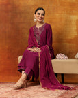 Zari Embroidered Kurta Set with Elasticated Palazzo & Tassel Art Silk Dupatta