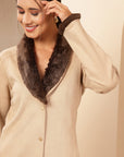 Suede Long Coat with Fur Collar & Sleeve Detailing