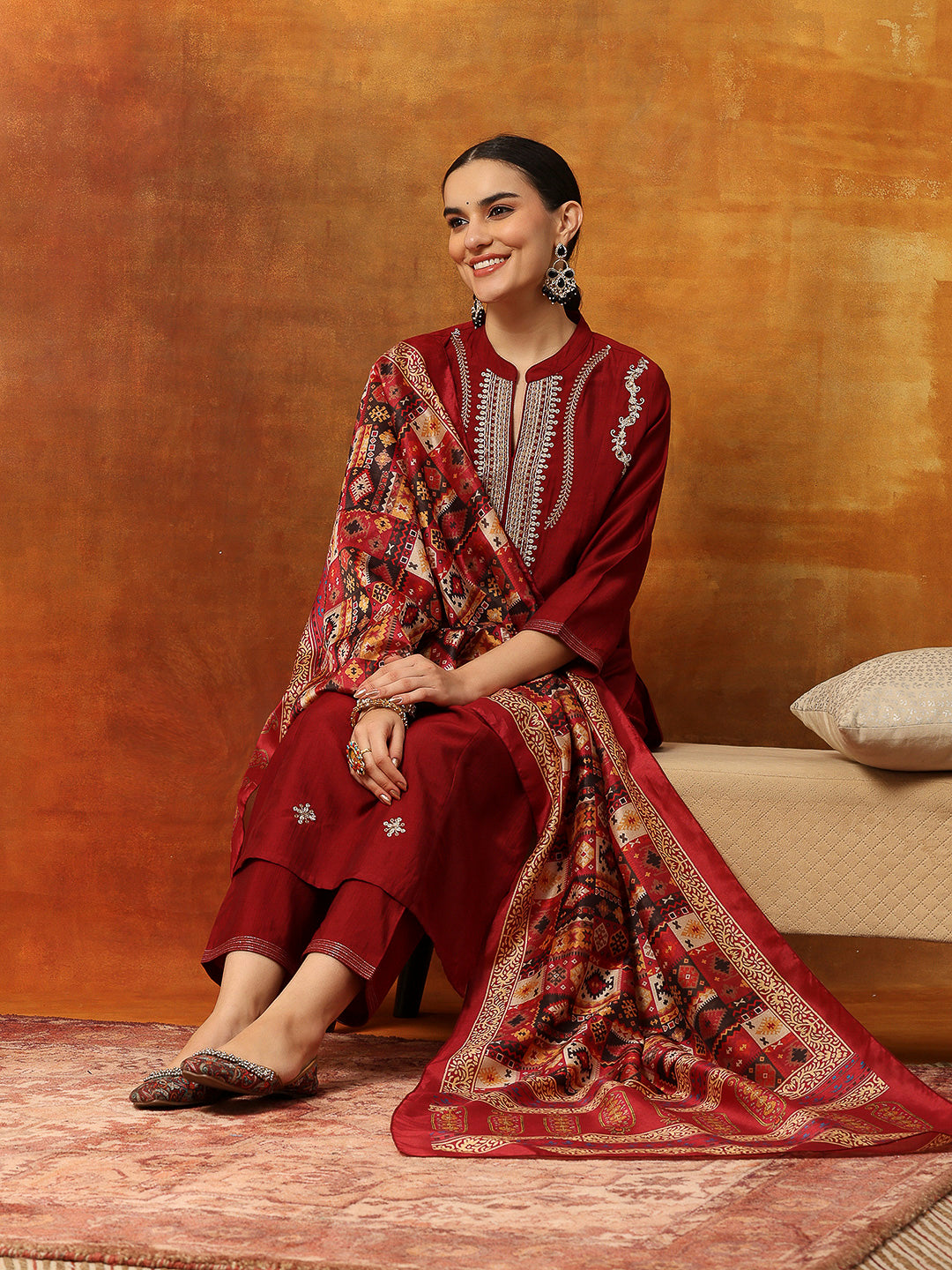 Blended Zari Embroidered Kurta Set with Palazzo &amp; Printed Silk Dupatta