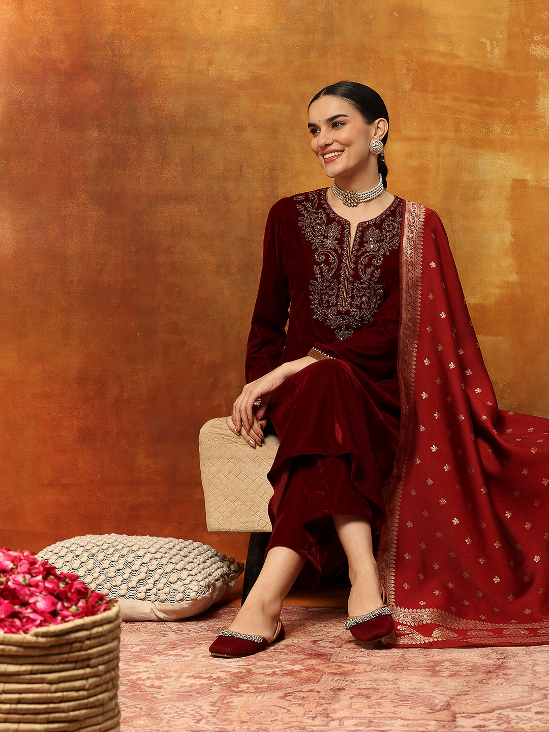 Velvet Kurta Set with Zari Embroidered Yoke with Palazzo &amp; Art Silk Dupatta