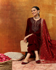 Velvet Kurta Set with Zari Embroidered Yoke with Palazzo & Art Silk Dupatta