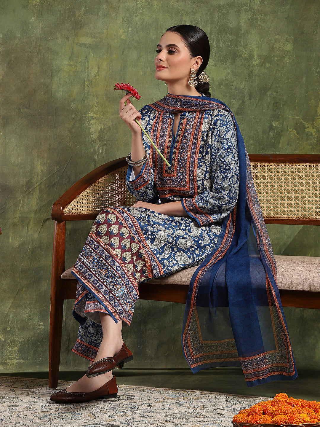 Paisley Wool Blend Kurta Set with Swarovski Detailing &amp; Chiffon Dupatta