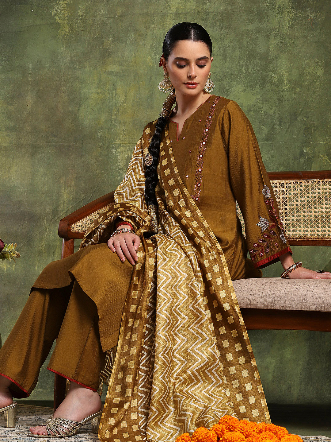 Vetican Embroidered Kurta Set with Bell Sleeves &amp; Khadi Silk Dupatta