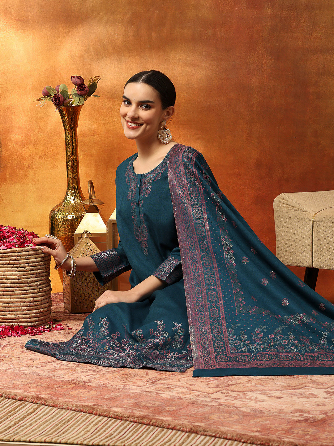 Floral Wool Blend Kurta Set with Embroidered Mandarin Collar &amp; Printed Dupatta