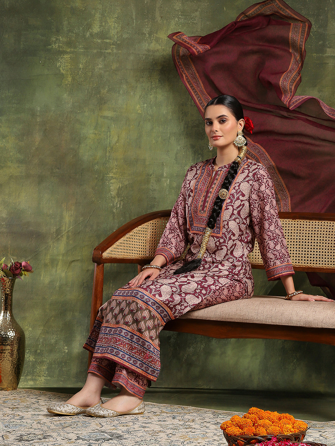 Paisley Wool Blend Kurta Set with Swarovski Detailing &amp; Chiffon Dupatta