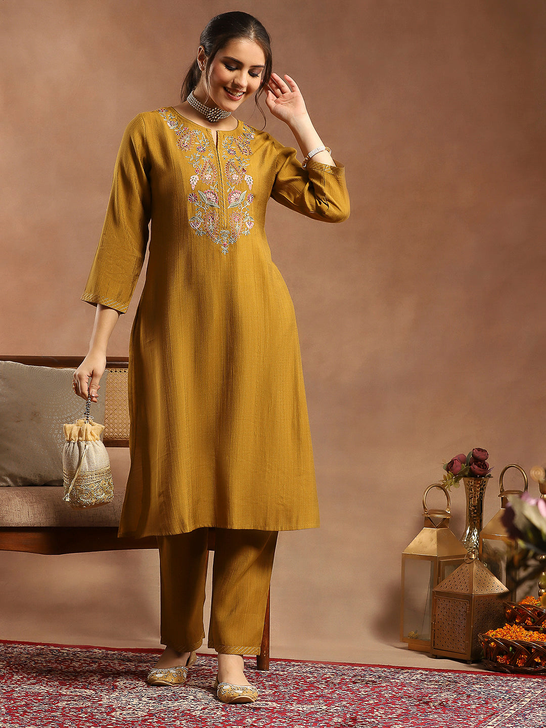 Silk Blend Kurta Set with Intricate Paisley Embroidery, Solid Palazzo &amp; Zari Stitched Hem
