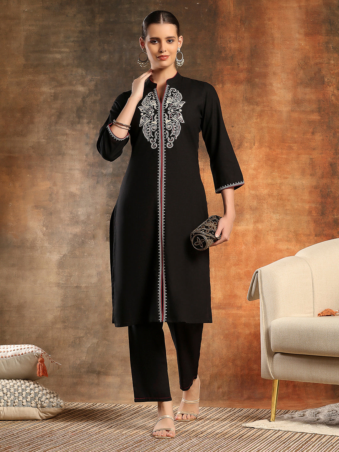 Embroidered Cotton Blend Straight Kurta Set