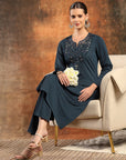 Denim Wool Kurta Set with Thread Embroidery & Palazzo