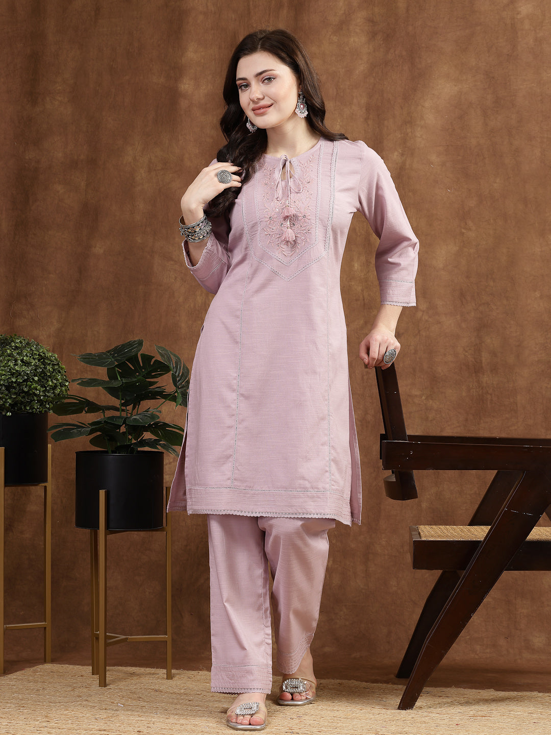 Lavender Cotton Co-ord Set with Tonal Embroidery &amp; Laced Sleeve