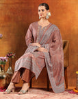 Floral Pashmina Wool Kurta Set with Zari Neckline & Printed Wool Dupatta