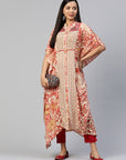 Floral Printed Flared Sleeves Thread Work Kaftan Kurta