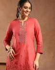 Pure Cotton Straight Kurta Set with Mirror-Embroidered Palazzo