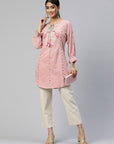 Peach & Green Embroidered Cotton Kurti