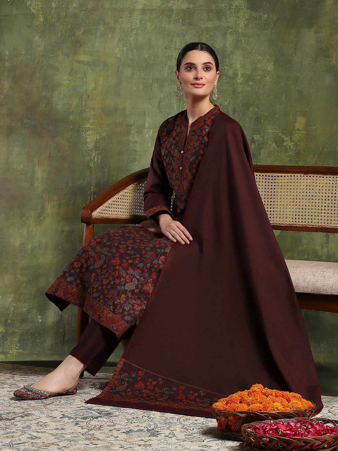 Woven Wool Kurta Set with Mandarin Collar, Palazzo &amp; Printed Wool Dupatta