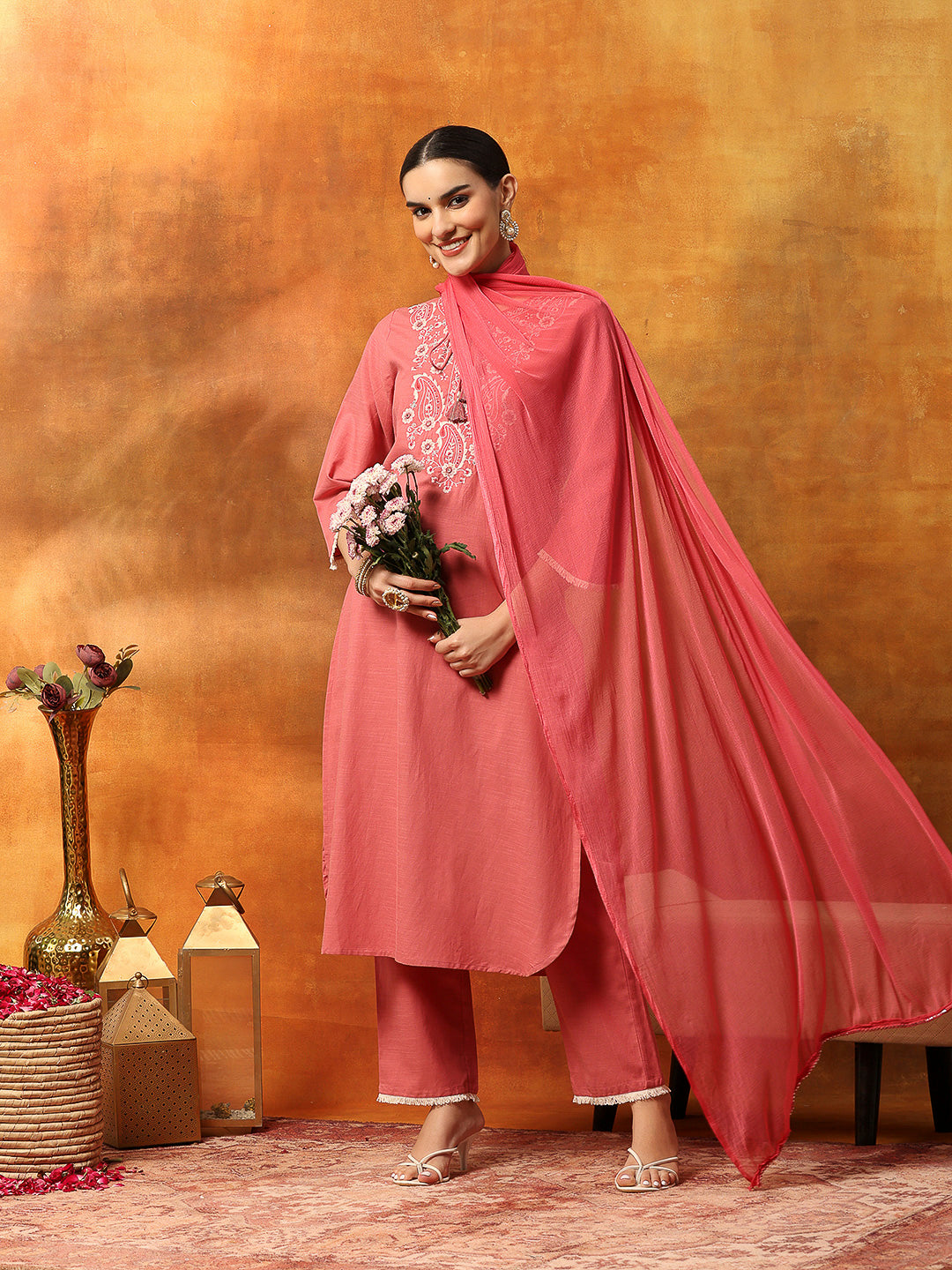 Fringe-Detailed Cotton Kurta Set with Embroidered Yoke &amp; Dupatta