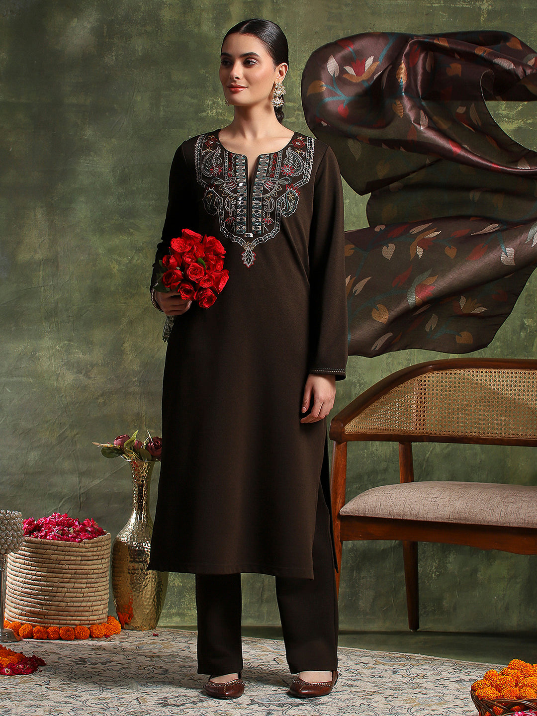 Wool Blend Embroidered Kurta Set with Silk Dupatta