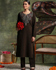 Wool Blend Embroidered Kurta Set with Silk Dupatta