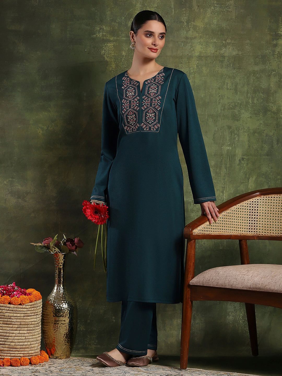 Wool Blend Calf-Length Kurta Set with Round Neck &amp; Thread Embroidery