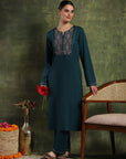 Wool Blend Calf-Length Kurta Set with Round Neck & Thread Embroidery