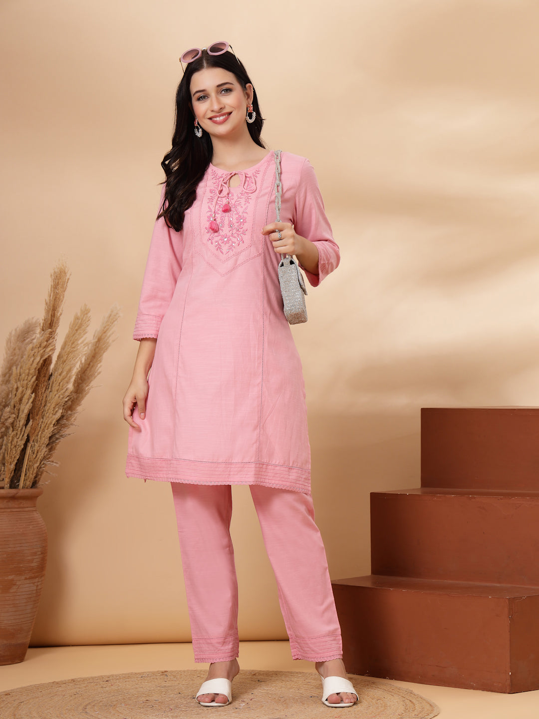 Pink Cotton Co-ord Set with Tonal Embroidery &amp; Laced Sleeve