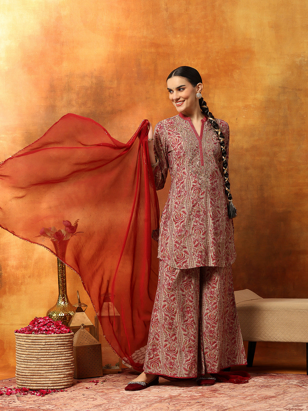 Ethnic Motif Printed Kurta with Zari Embroidery, Garara &amp; Sequin-Laced Dupatta