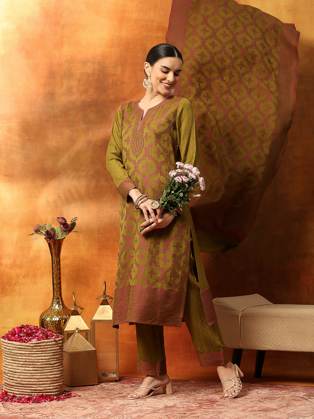 Floral Wool Blend Kurta Set with Swarovski Detailing &amp; Printed Dupatta