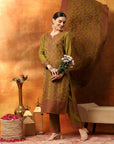 Floral Wool Blend Kurta Set with Swarovski Detailing & Printed Dupatta